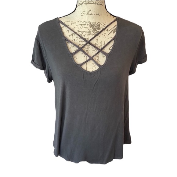 American Eagle Soft‎ & Sexy Low Scoop Criss Cross Neckline T-shirt Dark Gray - Picture 1 of 7